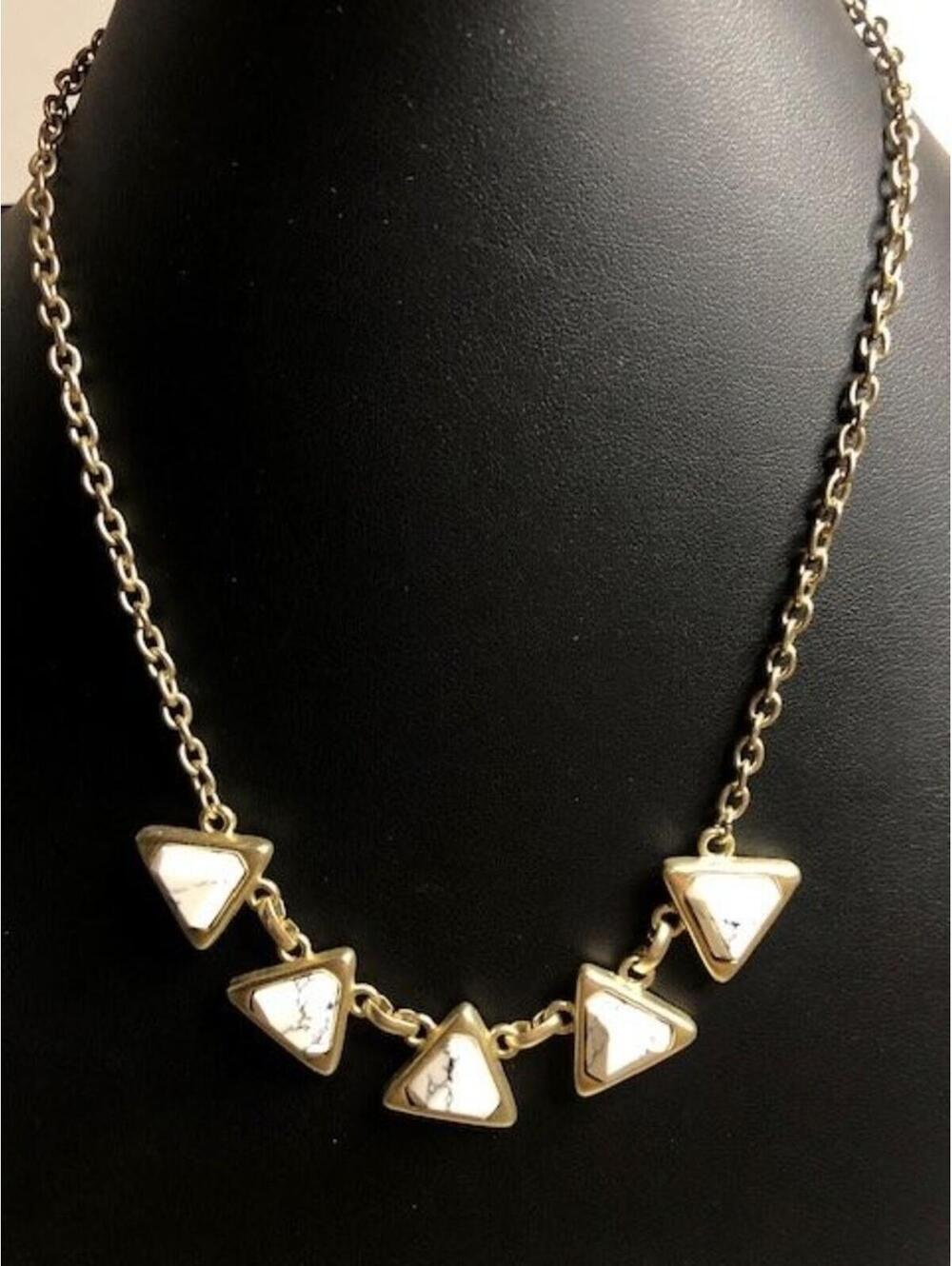 B0990 LOFT Geometric Triangle Bib Necklace 18" Gold Tone Faux Howlite